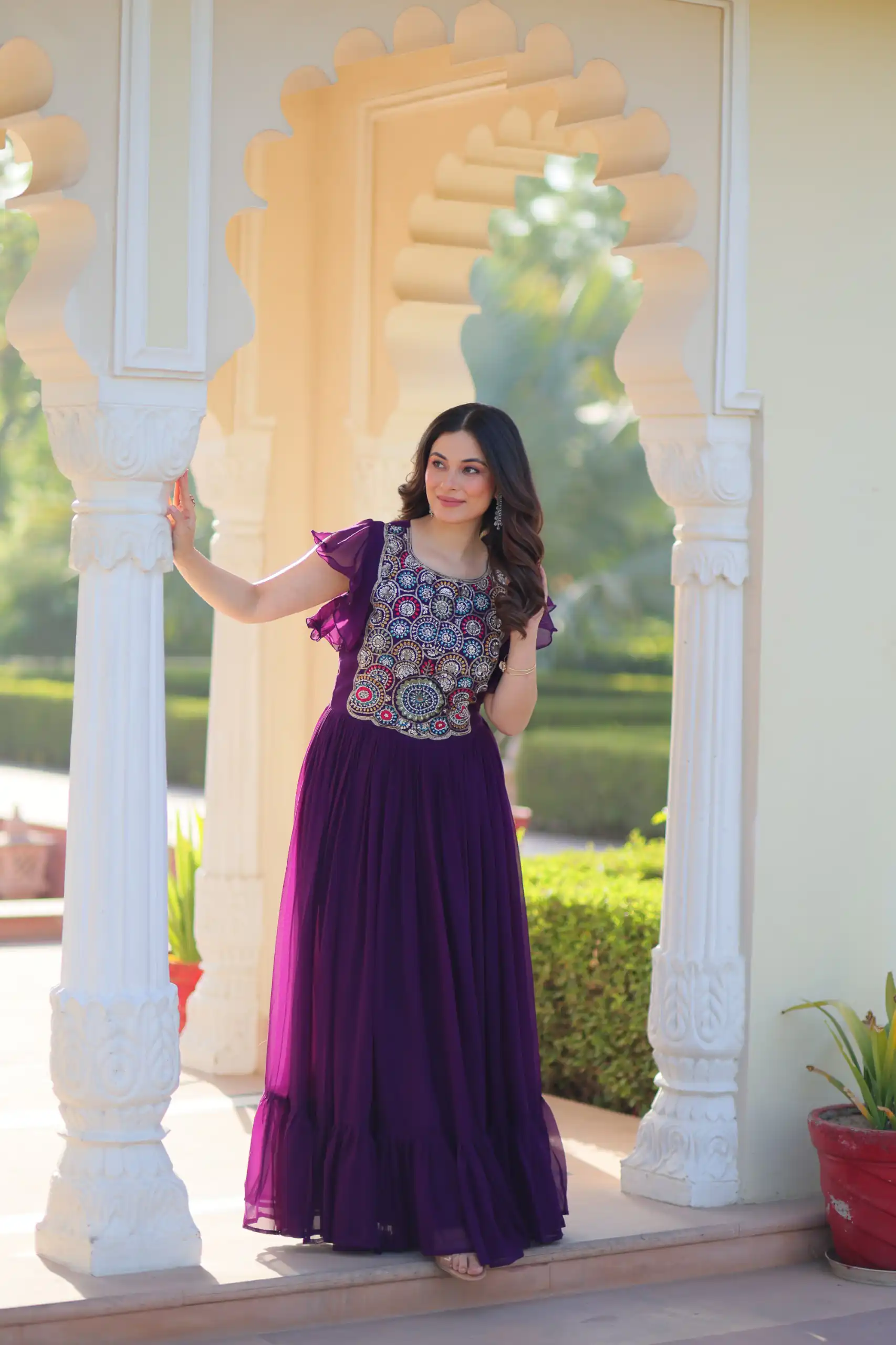 KA 1179 Purple Faux Blooming Gown with Embroidery Work & Sequins Work. Special Price ₹1769. Delivery 4-6 Working Days. Shop now. | Gowns, Bollywood Gowns, Creative Gowns, Designer Gowns, Embroidered Gowns, Party Wear Gowns