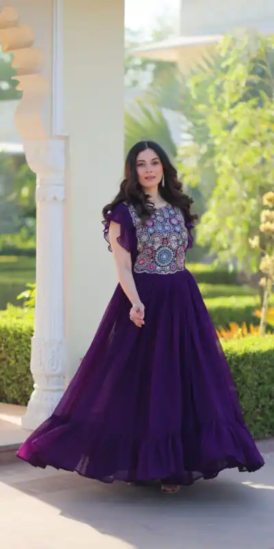 KA 1179 Purple Faux Blooming Gown with Embroidery Work & Sequins Work. Special Price ₹1769. Delivery 4-6 Working Days. Shop now. | Gowns, Bollywood Gowns, Creative Gowns, Designer Gowns, Embroidered Gowns, Party Wear Gowns