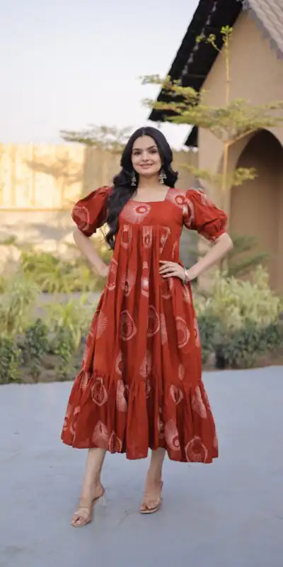 KA 1249 Rust Color Cotton Kurti with Printed Designer Work. Exclusive Offer ₹1519. Delivery 4-6 Working Days. Online Shop now. | Kurti, Bollywood Kurti, Creative Kurtis, Designer Kurti, Party Wear Kurti, Selfie Kurti