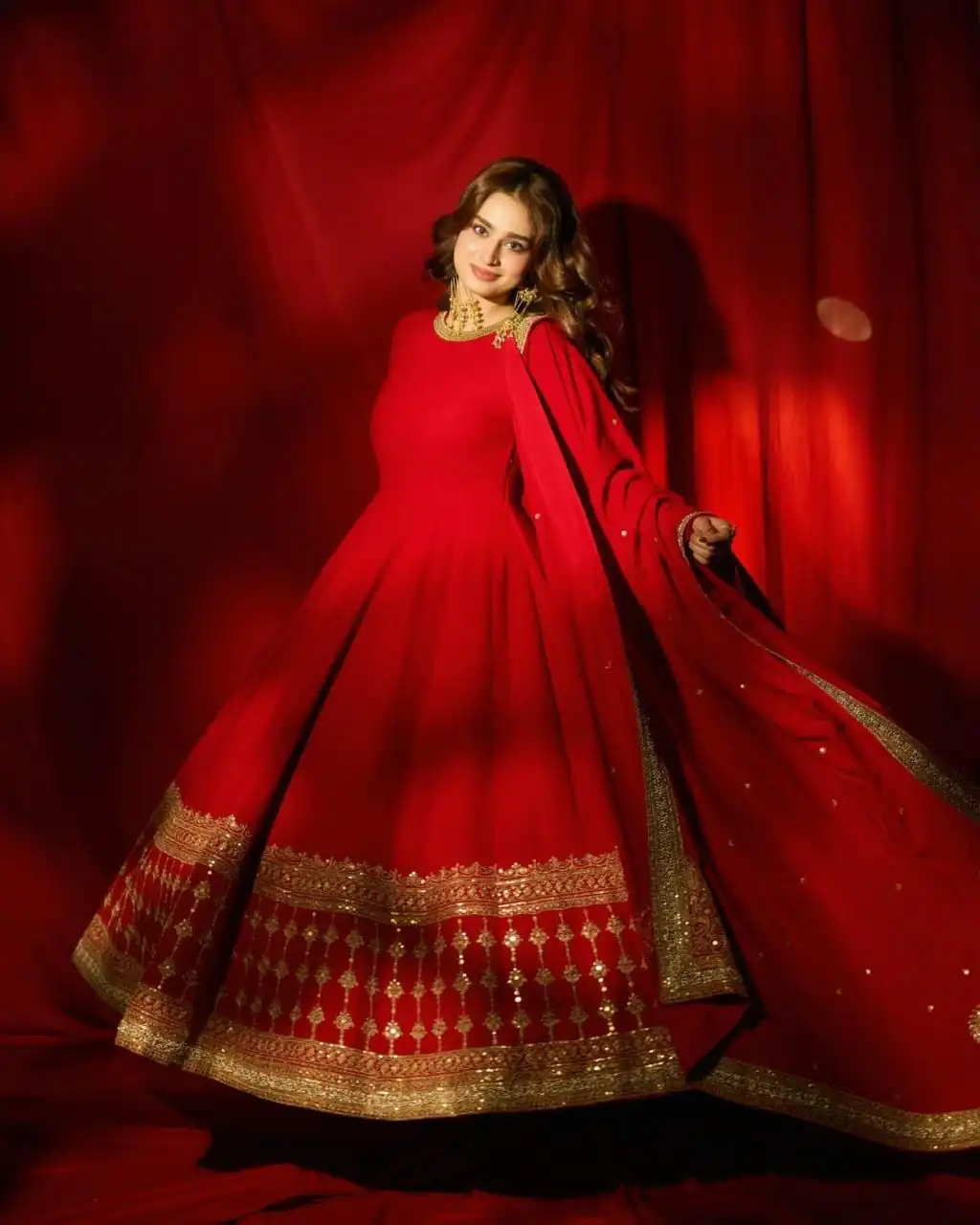 Bright Red Vichitra Silk Thread Sequence Work Gown - Image 3