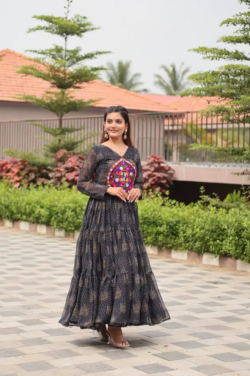 Ram 121 Black Color Faux Georgette Gown with Mirror Work. Wedding, Party, Festive, Events Get it for ₹1549. Delivery 4-6 Working Days.Online Shop now. | Gowns, Bollywood Gowns, Creative Gowns, Designer Gowns, Embroidered Gowns, Party Wear Gowns