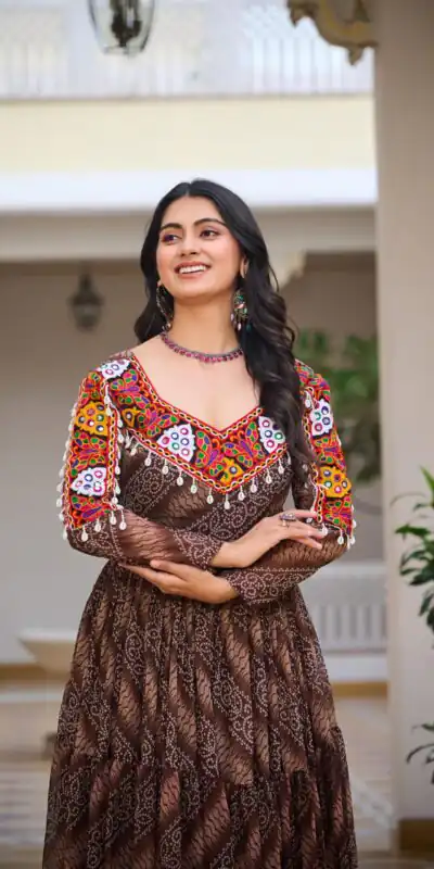 Ram 109 Brown Color Faux Georgette Gown with Mirror Work. Wedding, Party, Festive, Events Get it for ₹1999. Delivery 4-6 Working Days.Online Shop now. | Gowns, Bollywood Gowns, Creative Gowns, Designer Gowns, Embroidered Gowns, Party Wear Gowns