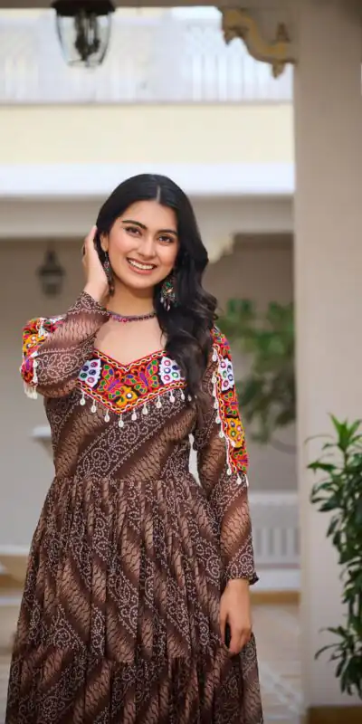 Ram 109 Brown Color Faux Georgette Gown with Mirror Work. Wedding, Party, Festive, Events Get it for ₹1999. Delivery 4-6 Working Days.Online Shop now. | Gowns, Bollywood Gowns, Creative Gowns, Designer Gowns, Embroidered Gowns, Party Wear Gowns