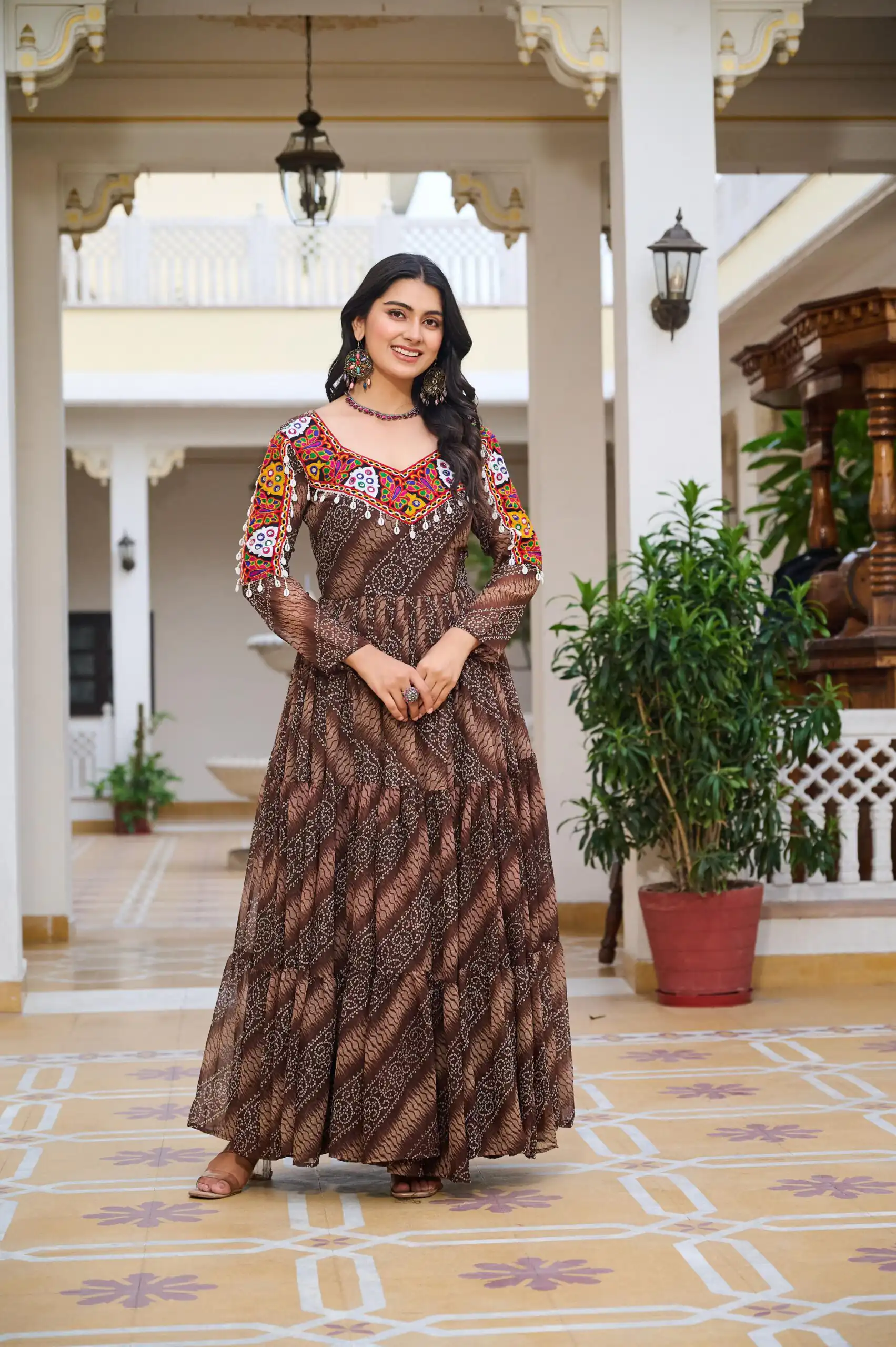 Ram 109 Brown Color Faux Georgette Gown with Mirror Work. Wedding, Party, Festive, Events Get it for ₹1999. Delivery 4-6 Working Days.Online Shop now. | Gowns, Bollywood Gowns, Creative Gowns, Designer Gowns, Embroidered Gowns, Party Wear Gowns