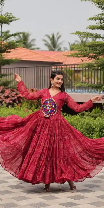 Ram 121 Red Color Faux Georgette Gown with Mirror Work. Wedding, Party, Festive, Events Get it for ₹1549. Delivery 4-6 Working Days.Online Shop now. | Gowns, Bollywood Gowns, Creative Gowns, Designer Gowns, Embroidered Gowns, Party Wear Gowns