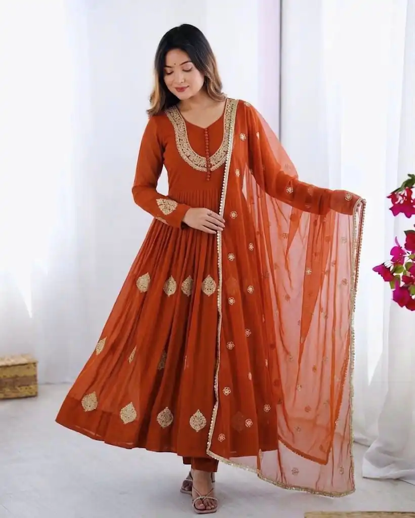 ZF 5018 Orange Color Blooming Georgette Gown With Coding Work . Get it for ₹2049. Delivery 4-6 Working Days. Online Shop now. | Gowns, Bollywood Gowns, Creative Gowns, Designer Gowns, Embroidered Gowns, Party Wear Gowns