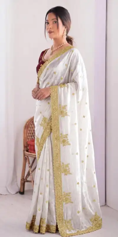 JR 666 White Fendy Satin Saree Perfect for Wedding, Party, Durga Puja, Raksha Bandhan, Sangeet – . Festive Deal ₹1949. Delivery 4-6 Working Days. | Sarees, Bollywood Sarees, Creative Sarees, Designer Sarees, Embroidered Sarees, Ethnic Saree, Modern Digital sarees, Party Wear Sarees