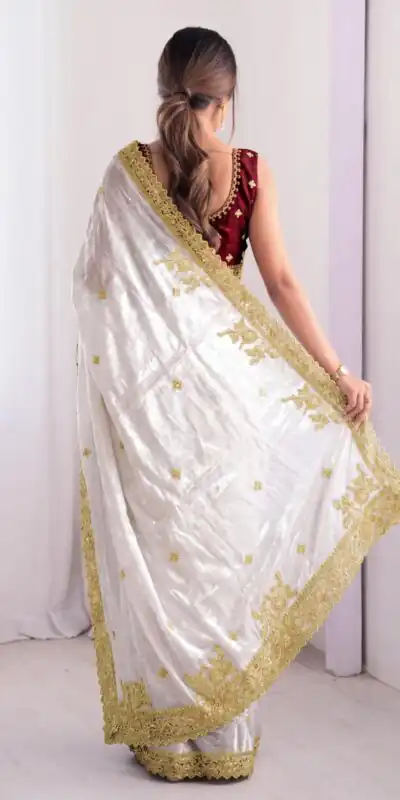 JR 666 White Fendy Satin Saree Perfect for Wedding, Party, Durga Puja, Raksha Bandhan, Sangeet – . Festive Deal ₹1949. Delivery 4-6 Working Days. | Sarees, Bollywood Sarees, Creative Sarees, Designer Sarees, Embroidered Sarees, Ethnic Saree, Modern Digital sarees, Party Wear Sarees