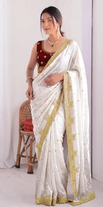 JR 666 White Fendy Satin Saree Perfect for Wedding, Party, Durga Puja, Raksha Bandhan, Sangeet – . Festive Deal ₹1949. Delivery 4-6 Working Days. | Sarees, Bollywood Sarees, Creative Sarees, Designer Sarees, Embroidered Sarees, Ethnic Saree, Modern Digital sarees, Party Wear Sarees