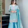 DC 114 Blue Fandy Satin Salwar Suit with Embroidery Work & Lace Work. Exclusive Offer ₹1899. Delivery 4-6 Working Days. Shop now. | Jump Suits, Salwar suit, Designer Suits, Casual Suits, Creative suits, Palazzo Suits, Party Wear Suits, Patiala Suits, Straight Suits