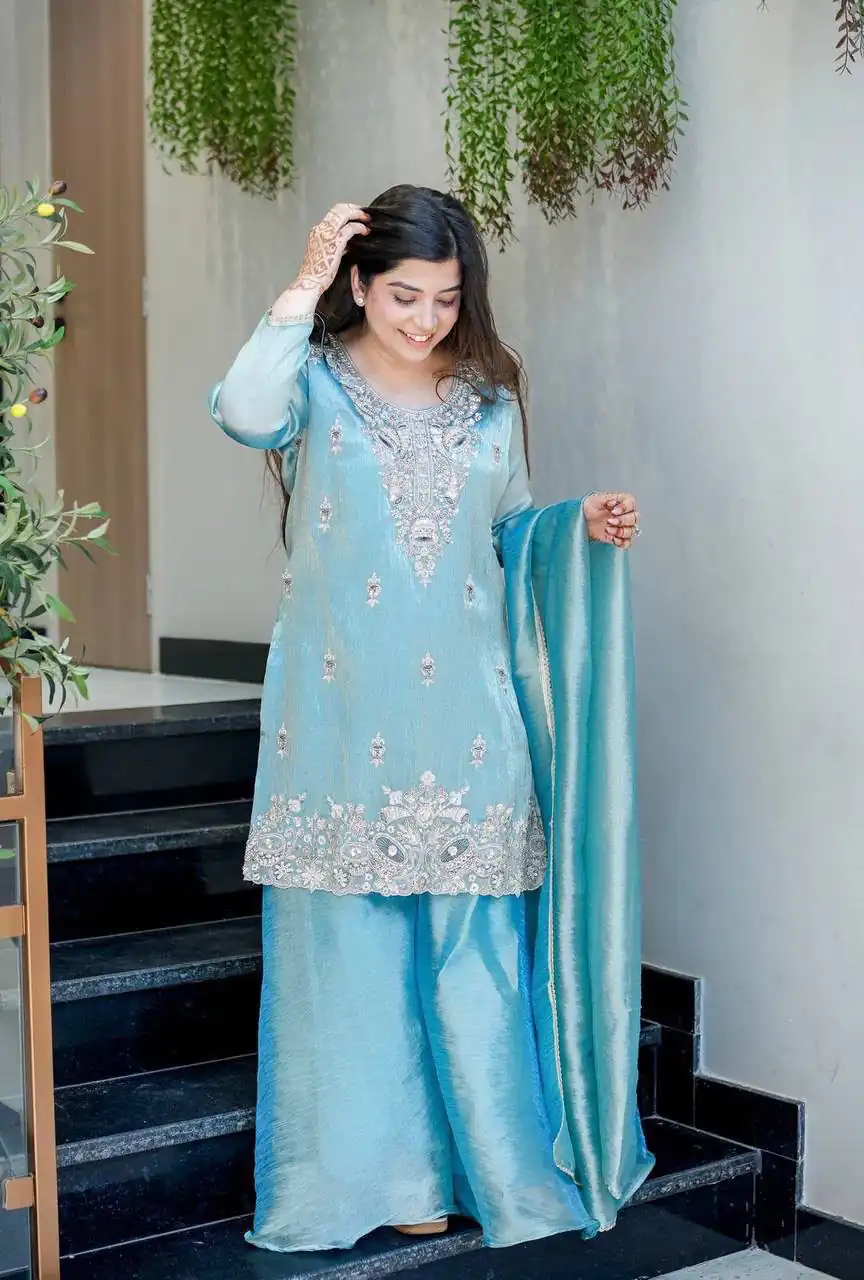 DC 114 Blue Fandy Satin Salwar Suit with Embroidery Work & Lace Work. Exclusive Offer ₹1899. Delivery 4-6 Working Days. Shop now. | Jump Suits, Salwar suit, Designer Suits, Casual Suits, Creative suits, Palazzo Suits, Party Wear Suits, Patiala Suits, Straight Suits