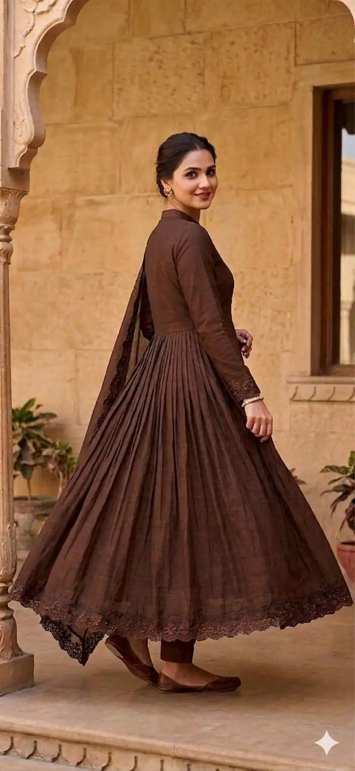 Fancy Brown Roman Silk  Embroidery Cut Work Gown - Image 3
