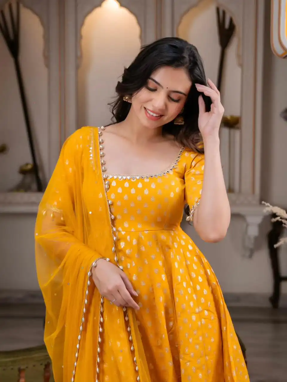 SRK 5347 Yellow Chanderi Jacquard Butti Salwar Suit with Mirror Work & Lace Work. Festive Deal ₹2149. Delivery 4-6 Working Days. Shop now. | Anarkali Suits, Bollywood Anarkali, Creative-Anarkali, Designer Anarkali, Embroidered Anarkali, Party Wear Anarkali
