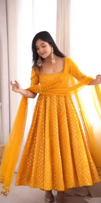 SRK 5347 Yellow Chanderi Jacquard Butti Salwar Suit with Mirror Work & Lace Work. Festive Deal ₹2149. Delivery 4-6 Working Days. Shop now. | Anarkali Suits, Bollywood Anarkali, Creative-Anarkali, Designer Anarkali, Embroidered Anarkali, Party Wear Anarkali