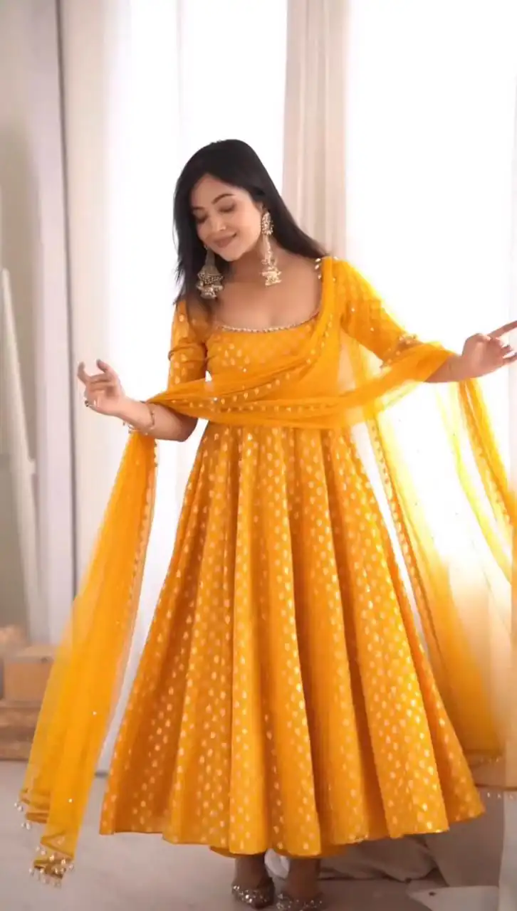 SRK 5347 Yellow Chanderi Jacquard Butti Salwar Suit with Mirror Work & Lace Work. Festive Deal ₹2149. Delivery 4-6 Working Days. Shop now. | Anarkali Suits, Bollywood Anarkali, Creative-Anarkali, Designer Anarkali, Embroidered Anarkali, Party Wear Anarkali