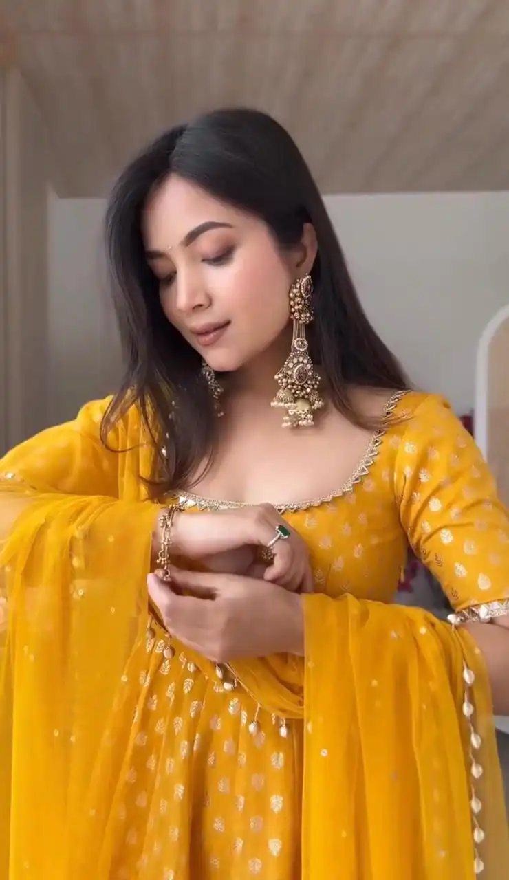 SRK 5347 Yellow Chanderi Jacquard Butti Salwar Suit with Mirror Work & Lace Work. Festive Deal ₹2149. Delivery 4-6 Working Days. Shop now. | Anarkali Suits, Bollywood Anarkali, Creative-Anarkali, Designer Anarkali, Embroidered Anarkali, Party Wear Anarkali