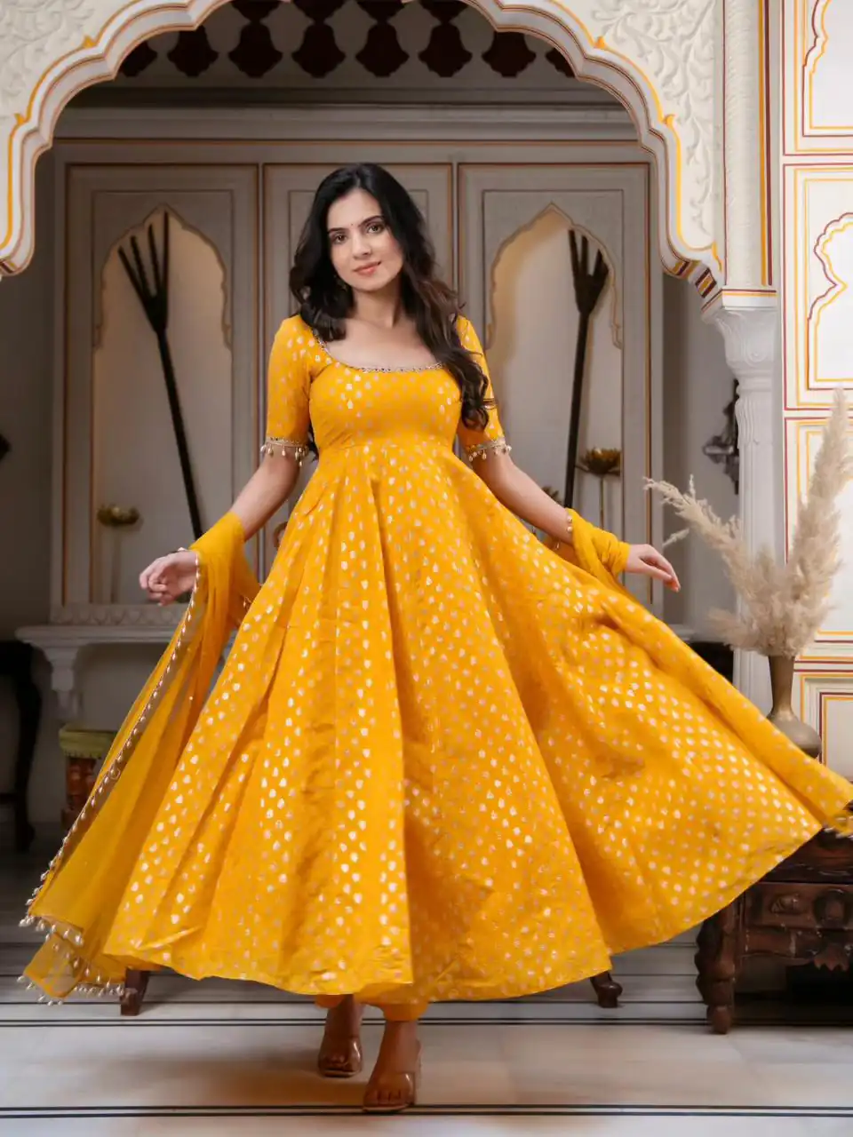 SRK 5347 Yellow Chanderi Jacquard Butti Salwar Suit with Mirror Work & Lace Work. Festive Deal ₹2149. Delivery 4-6 Working Days. Shop now. | Anarkali Suits, Bollywood Anarkali, Creative-Anarkali, Designer Anarkali, Embroidered Anarkali, Party Wear Anarkali