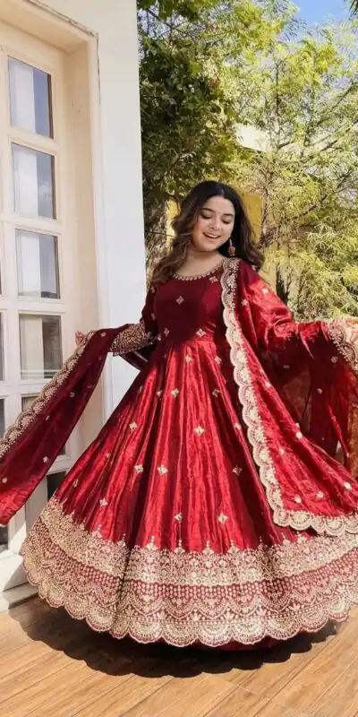 NSR 895 Red Fendy Silk Salwar Suit with Mirror Work & Embroidery Work. Best Price ₹2399. Delivery 4-6 Working Days. Shop now. | Anarkali Suits, Bollywood Anarkali, Creative-Anarkali, Designer Anarkali, Embroidered Anarkali, Party Wear Anarkali
