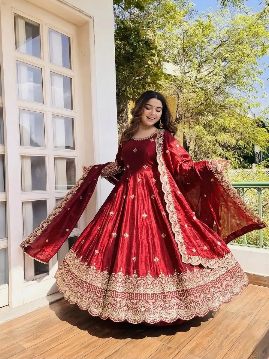 NSR 895 Red Fendy Silk Salwar Suit with Mirror Work & Embroidery Work. Best Price ₹2399. Delivery 4-6 Working Days. Shop now. | Anarkali Suits, Bollywood Anarkali, Creative-Anarkali, Designer Anarkali, Embroidered Anarkali, Party Wear Anarkali