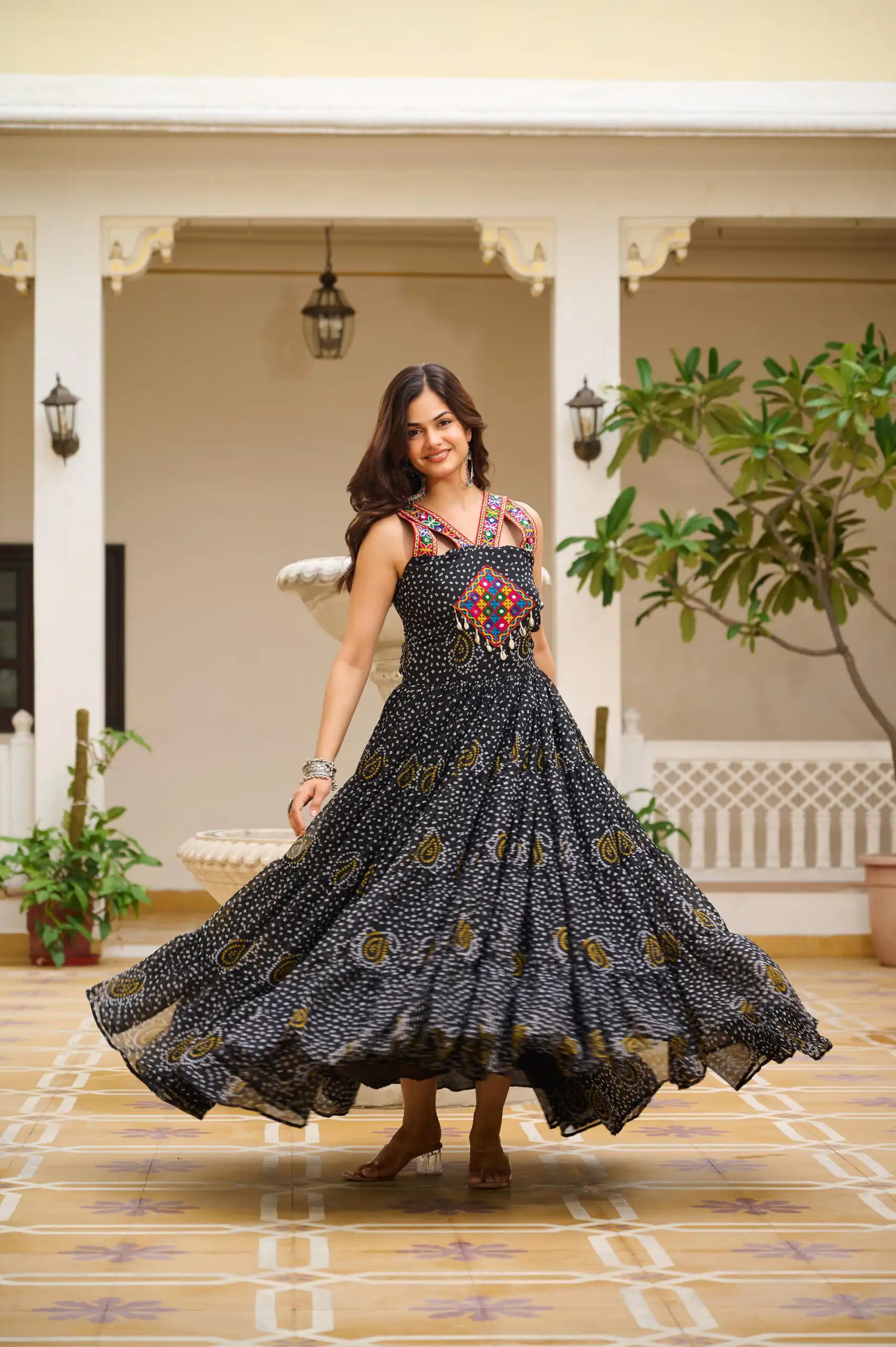 Ram 108 Black Color Georgette Bandhni Print Gown with Mirror Work. Best Price ₹2049. Delivery 4-6 Working Days. Shop now. | Gowns, Bollywood Gowns, Creative Gowns, Designer Gowns, Embroidered Gowns, Party Wear Gowns