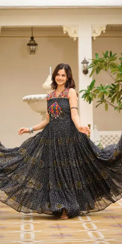 Ram 108 Black Color Georgette Bandhni Print Gown with Mirror Work. Best Price ₹2049. Delivery 4-6 Working Days. Shop now. | Gowns, Bollywood Gowns, Creative Gowns, Designer Gowns, Embroidered Gowns, Party Wear Gowns