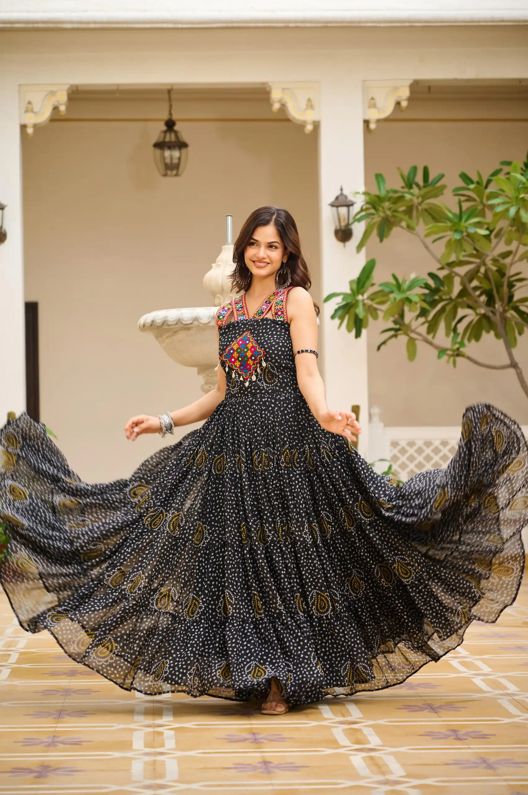Ram 108 Black Color Georgette Bandhni Print Gown with Mirror Work. Best Price ₹2049. Delivery 4-6 Working Days. Shop now. | Gowns, Bollywood Gowns, Creative Gowns, Designer Gowns, Embroidered Gowns, Party Wear Gowns