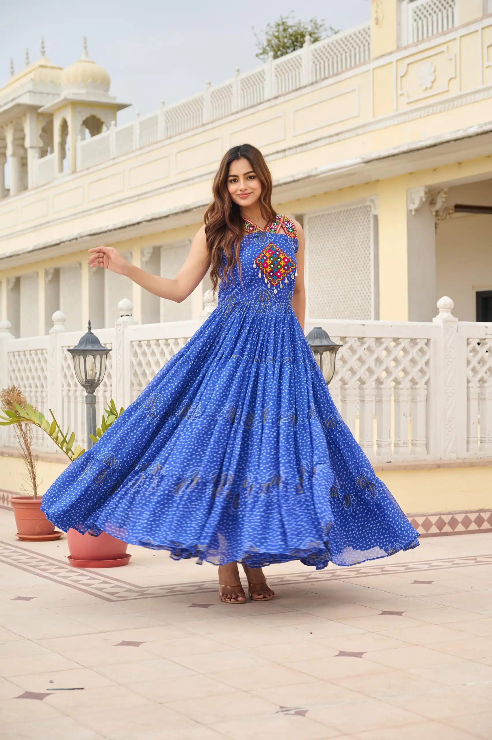 Ram 108 Blue Color Georgette Bandhni Print Gown with Mirror Work. Best Price ₹2049. Delivery 4-6 Working Days. Online Shop now. | Gowns, Bollywood Gowns, Creative Gowns, Designer Gowns, Embroidered Gowns, Party Wear Gowns