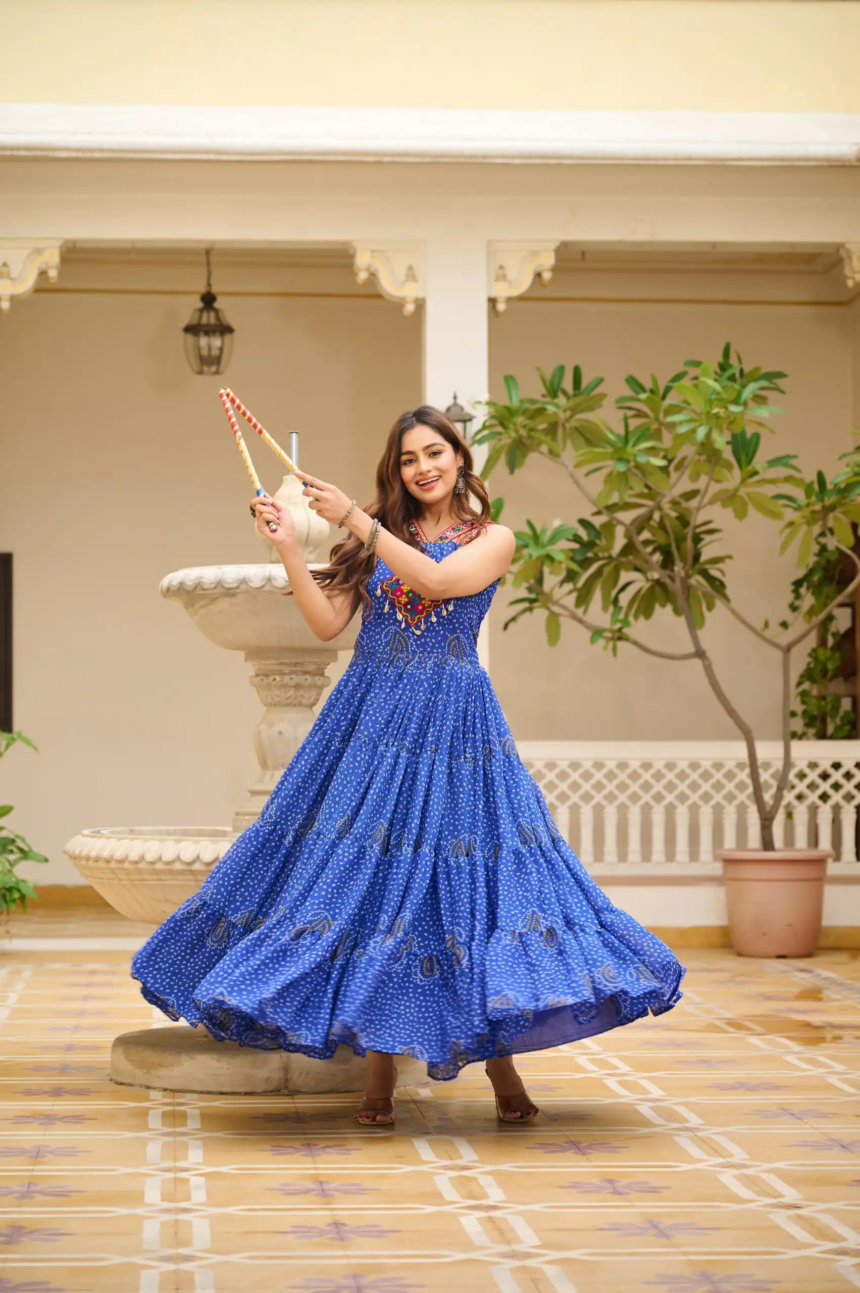 Ram 108 Blue Color Georgette Bandhni Print Gown with Mirror Work. Best Price ₹2049. Delivery 4-6 Working Days. Online Shop now. | Gowns, Bollywood Gowns, Creative Gowns, Designer Gowns, Embroidered Gowns, Party Wear Gowns