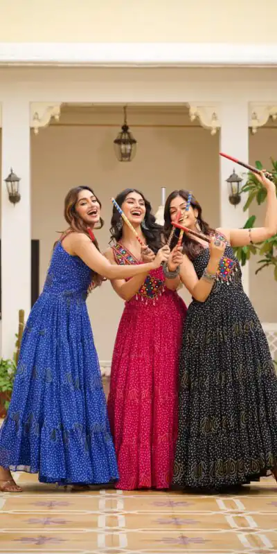 Ram 108 Blue Color Georgette Bandhni Print Gown with Mirror Work. Best Price ₹2049. Delivery 4-6 Working Days. Online Shop now. | Gowns, Bollywood Gowns, Creative Gowns, Designer Gowns, Embroidered Gowns, Party Wear Gowns
