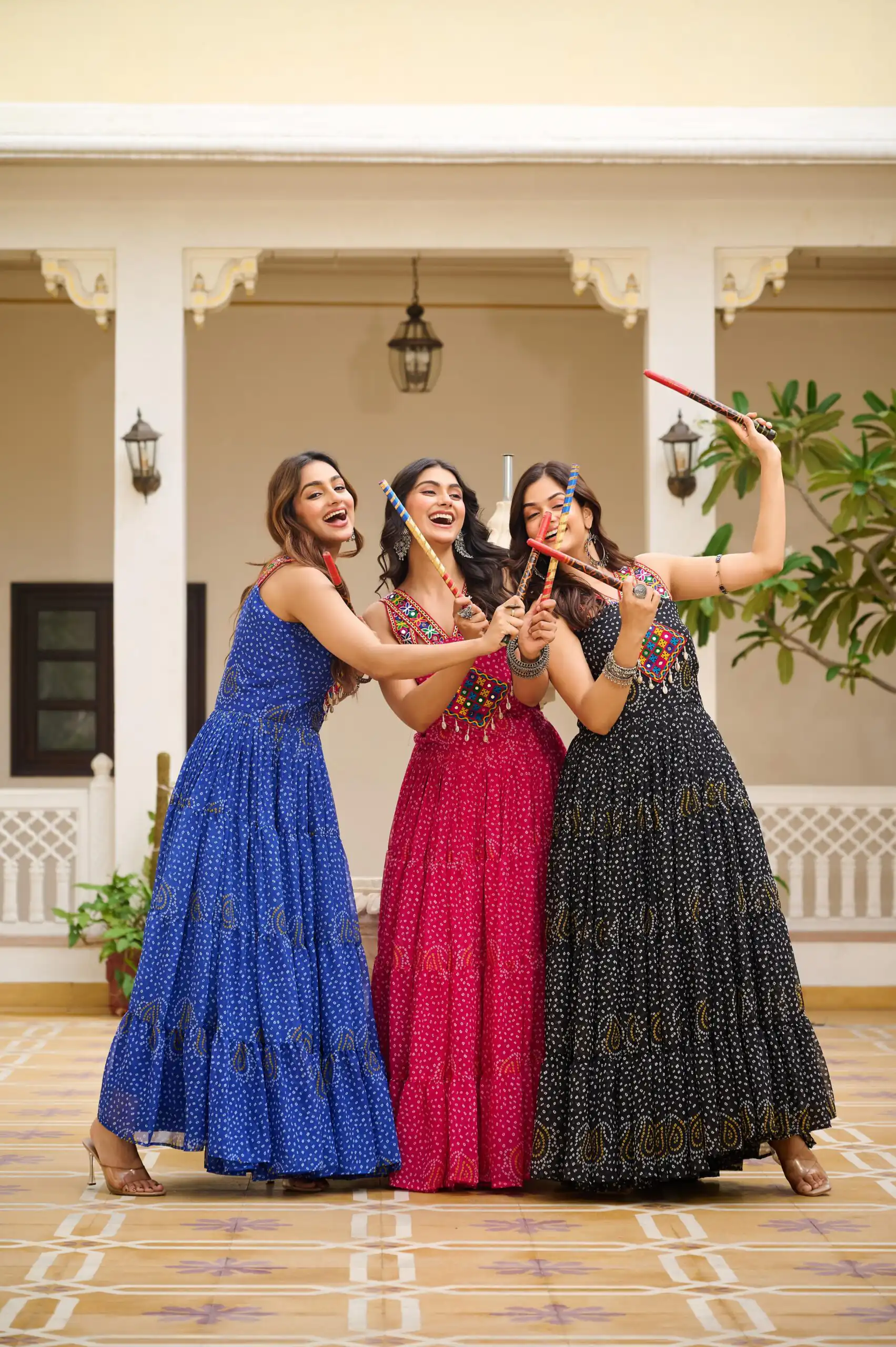 Ram 108 Blue Color Georgette Bandhni Print Gown with Mirror Work. Best Price ₹2049. Delivery 4-6 Working Days. Online Shop now. | Gowns, Bollywood Gowns, Creative Gowns, Designer Gowns, Embroidered Gowns, Party Wear Gowns