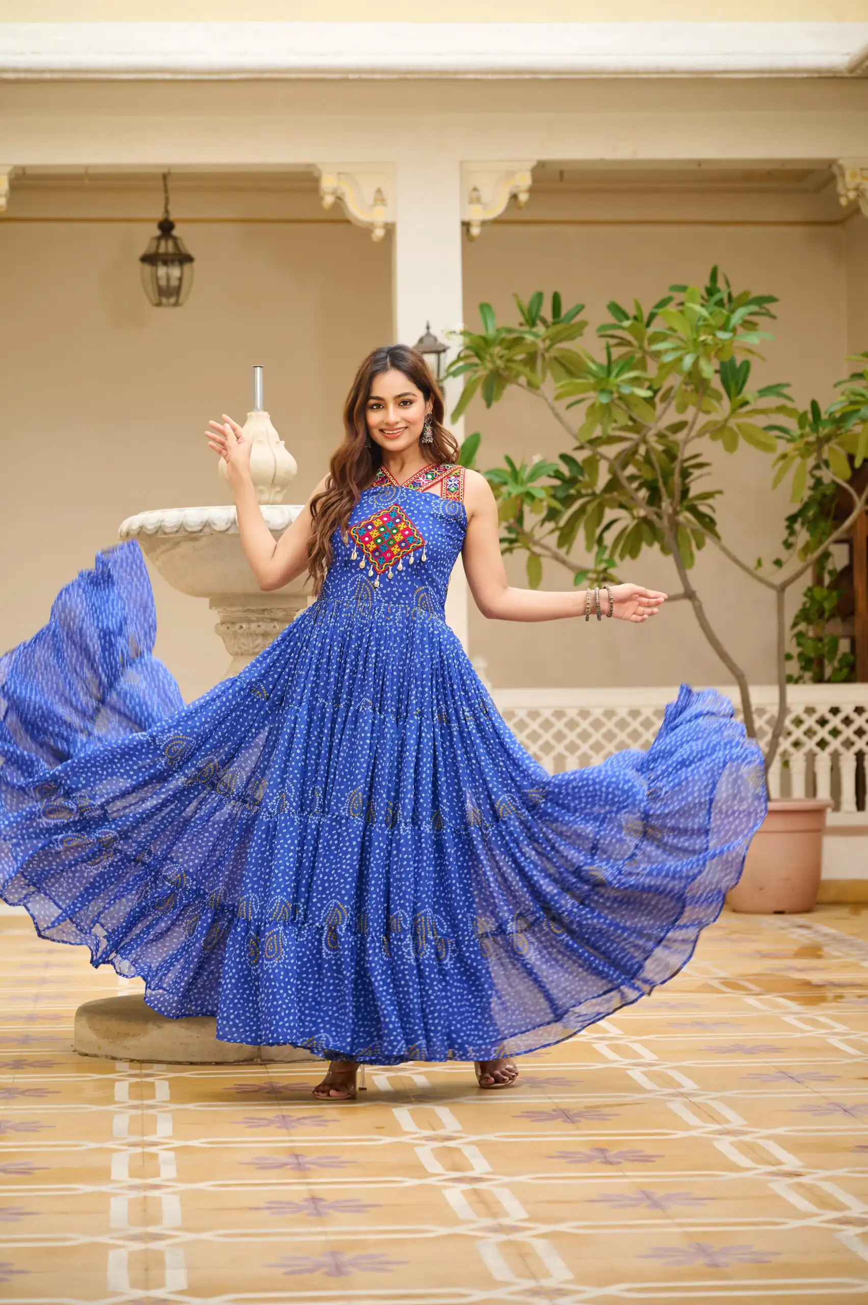 Ram 108 Blue Color Georgette Bandhni Print Gown with Mirror Work. Best Price ₹2049. Delivery 4-6 Working Days. Online Shop now. | Gowns, Bollywood Gowns, Creative Gowns, Designer Gowns, Embroidered Gowns, Party Wear Gowns