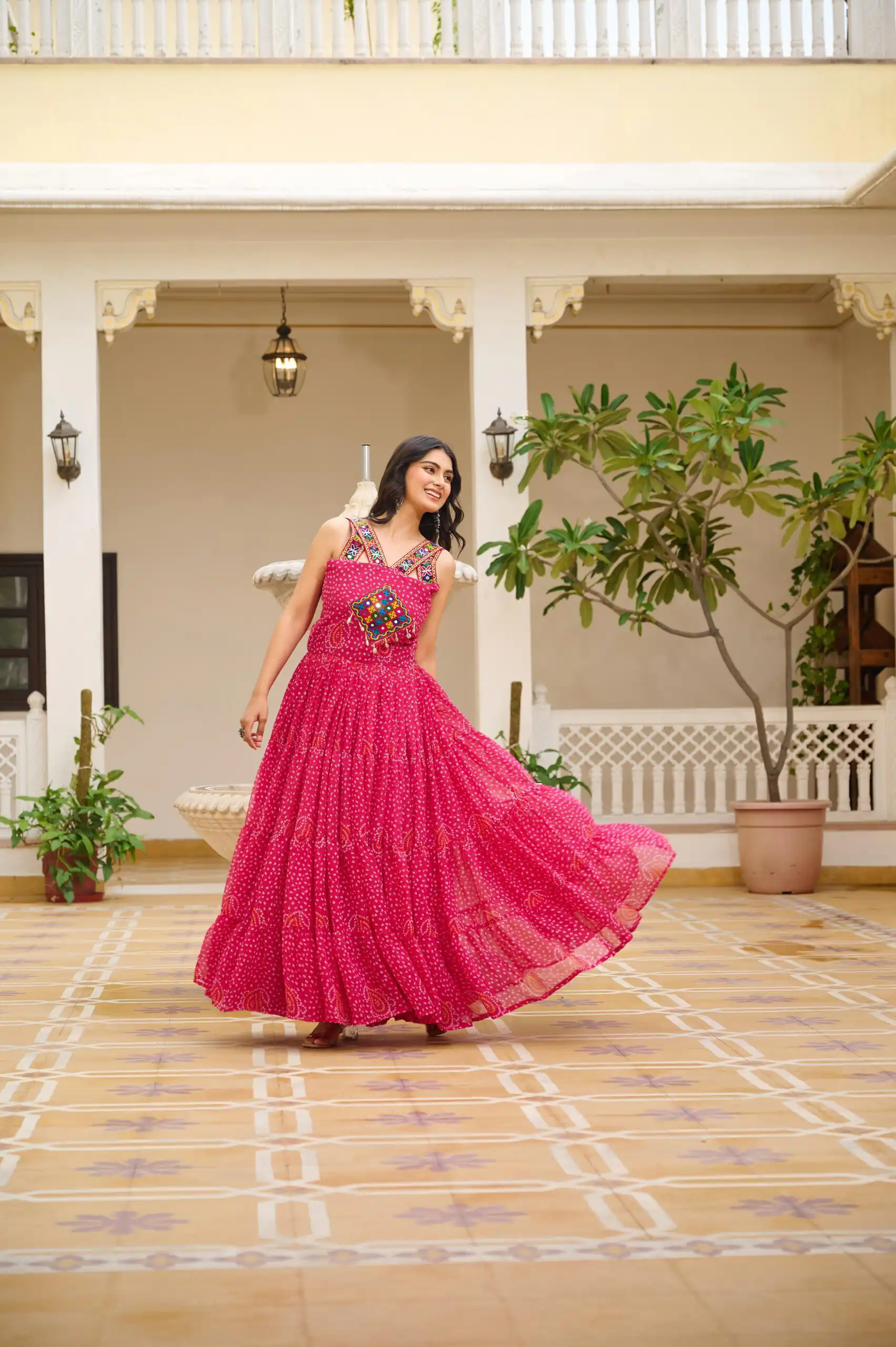 Graceful Pink Georgette Bandhni Print Mirror Work Gown - Image 3