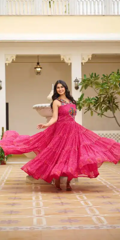 Ram 108 Pink Color Georgette Bandhni Print Gown with Mirror Work. Best Price ₹2049. Delivery 4-6 Working Days. Online Shop now. | Gowns, Bollywood Gowns, Creative Gowns, Designer Gowns, Embroidered Gowns, Party Wear Gowns