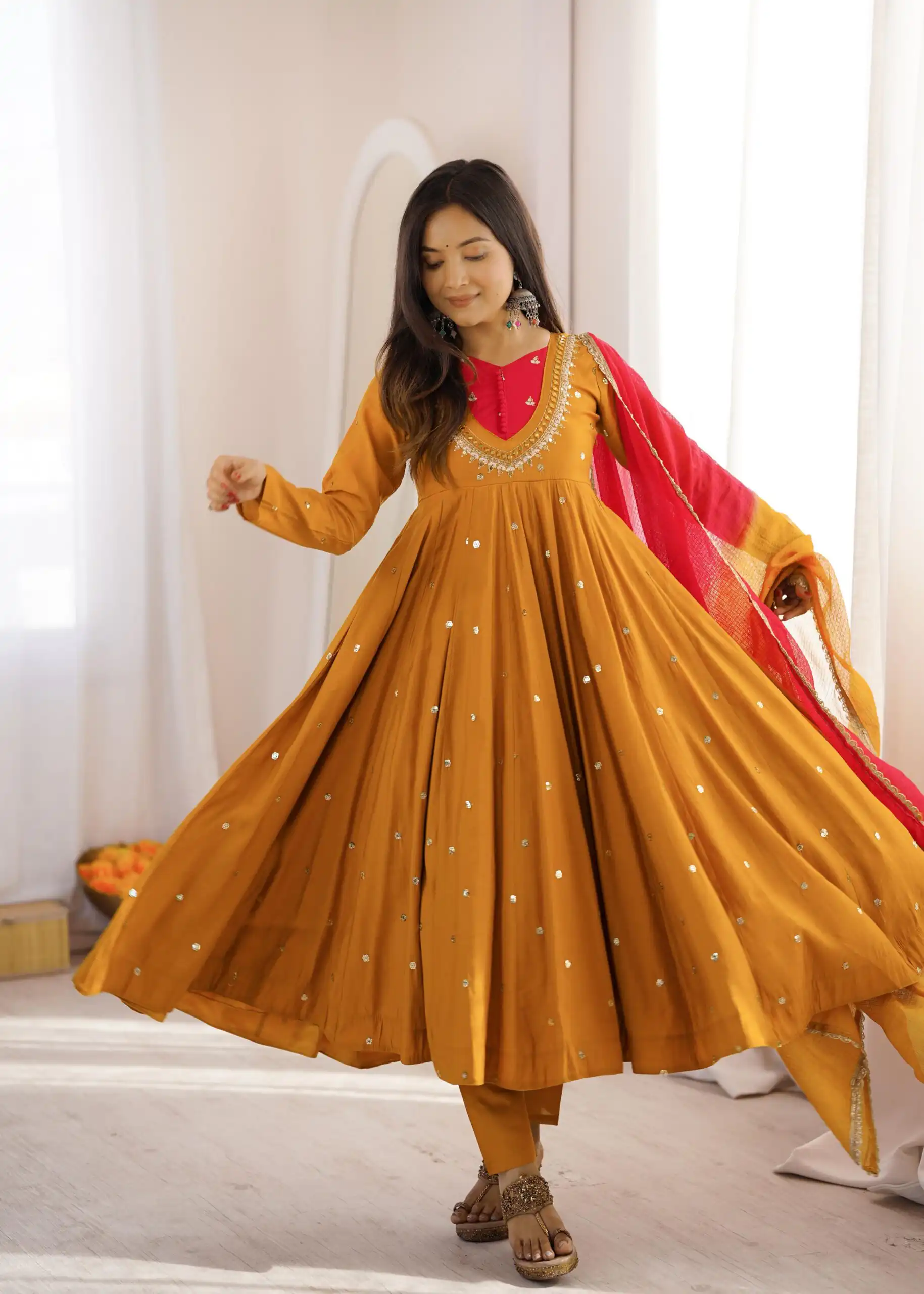 ZF 5023 Mustered Roman Silk Gown with Mirror Work & Embroidery Work. Special Price ₹2099. Delivery 4-6 Working Days. Shop now. | Gowns, Bollywood Gowns, Creative Gowns, Designer Gowns, Embroidered Gowns, Party Wear Gowns