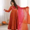 ZF 5023 Rust Roman Silk Gown with Mirror Work & Embroidery Work. Special Price ₹2099. Delivery 4-6 Working Days. Shop now. | Gowns, Bollywood Gowns, Creative Gowns, Designer Gowns, Embroidered Gowns, Party Wear Gowns