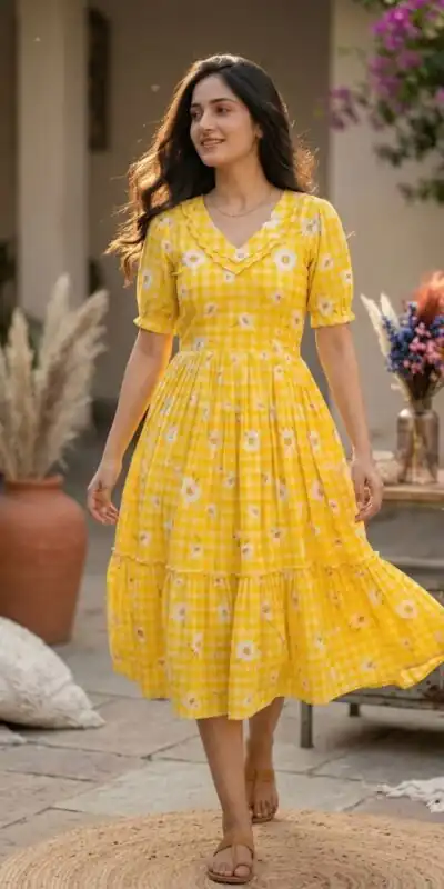 KA 1257 Mustard Muslin Silk Gingham Printed Kurti with Designer Work. Special Price ₹1519. Delivery 4-6 Working Days. Shop now. | Kurti, Bollywood Kurti, Creative Kurtis, Designer Kurti, Party Wear Kurti, Selfie Kurti