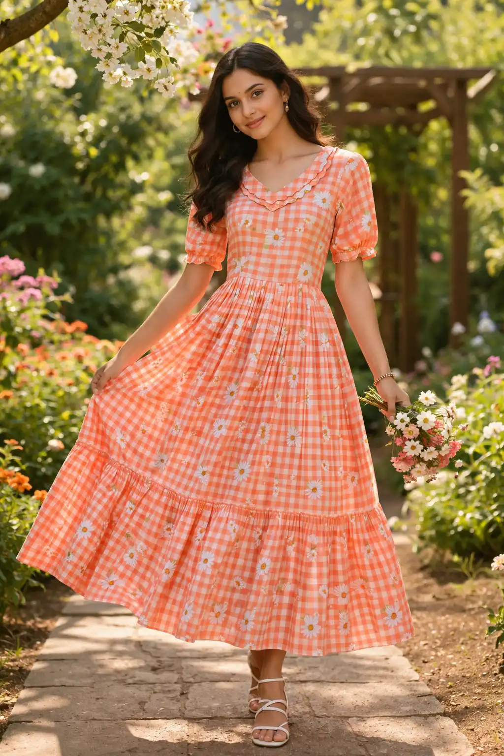 KA 1257 Peach Muslin Silk Gingham Printed Kurti with Designer Work. Special Price ₹1519. Delivery 4-6 Working Days. Shop now. | Kurti, Bollywood Kurti, Creative Kurtis, Designer Kurti, Party Wear Kurti, Selfie Kurti
