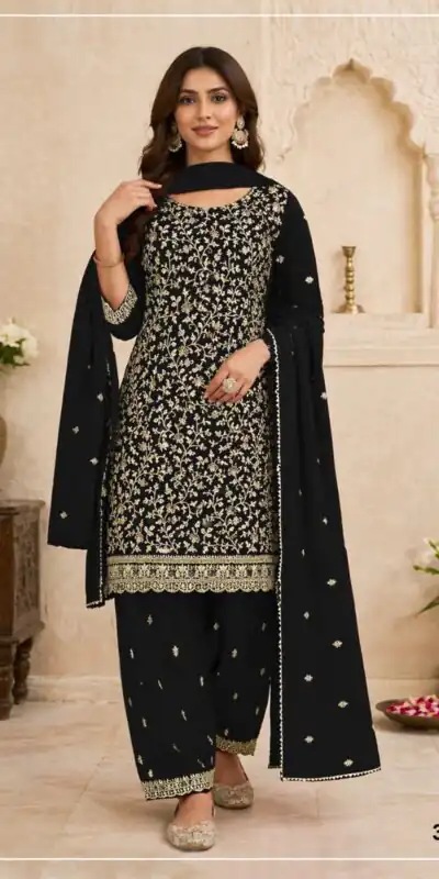 FC 3114 Black Blooming Fox Georgette Salwar Suit with Embroidery Work. Exclusive Offer ₹2499. Delivery 4-6 Working Days. Shop now. | Jump Suits, Salwar suit, Designer Suits, Casual Suits, Creative suits, Palazzo Suits, Party Wear Suits, Patiala Suits, Straight Suits