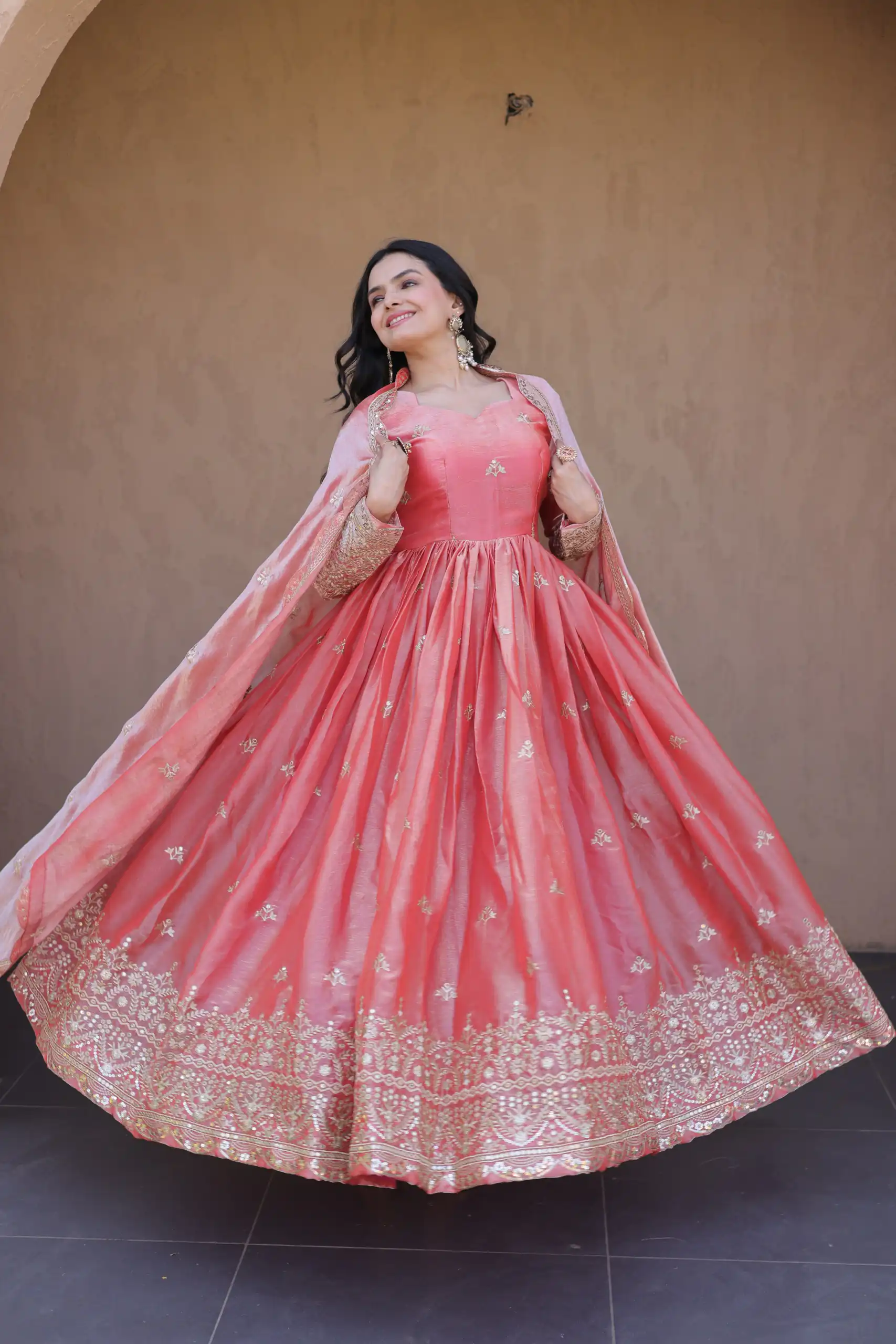 KA 1260 Gajri Color Fendi Silk Gown with Embroidery Work & Zari Work. Now at just ₹2599. Delivery 4-6 Working Days. Shop now. | Gowns, Bollywood Gowns, Creative Gowns, Designer Gowns, Embroidered Gowns, Party Wear Gowns