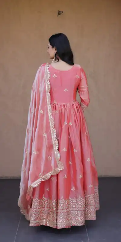 KA 1260 Gajri Color Fendi Silk Gown with Embroidery Work & Zari Work. Now at just ₹2599. Delivery 4-6 Working Days. Shop now. | Gowns, Bollywood Gowns, Creative Gowns, Designer Gowns, Embroidered Gowns, Party Wear Gowns