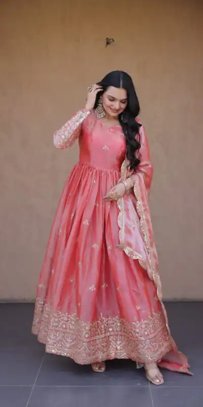 KA 1260 Gajri Color Fendi Silk Gown with Embroidery Work & Zari Work. Now at just ₹2599. Delivery 4-6 Working Days. Shop now. | Gowns, Bollywood Gowns, Creative Gowns, Designer Gowns, Embroidered Gowns, Party Wear Gowns