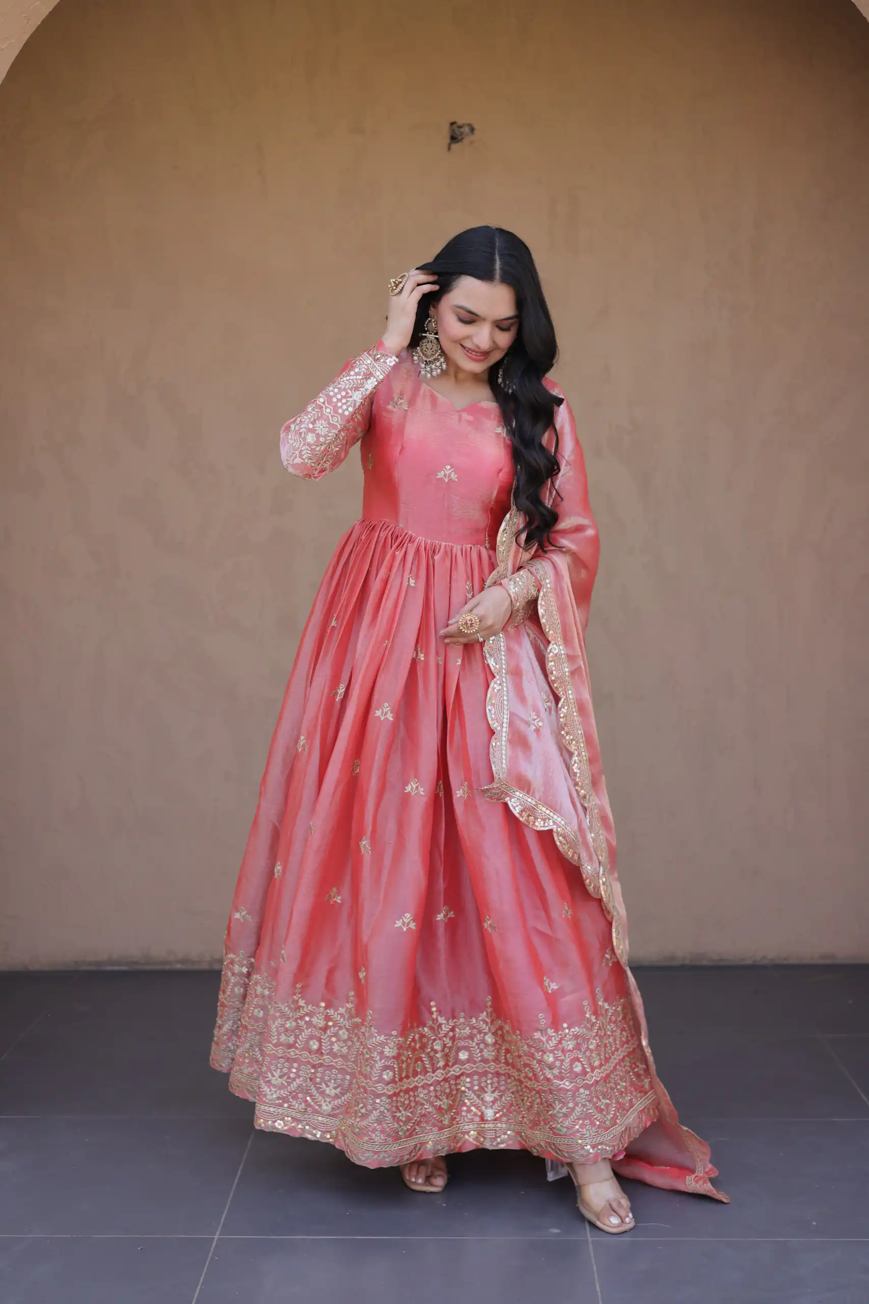 KA 1260 Gajri Color Fendi Silk Gown with Embroidery Work & Zari Work. Now at just ₹2599. Delivery 4-6 Working Days. Shop now. | Gowns, Bollywood Gowns, Creative Gowns, Designer Gowns, Embroidered Gowns, Party Wear Gowns
