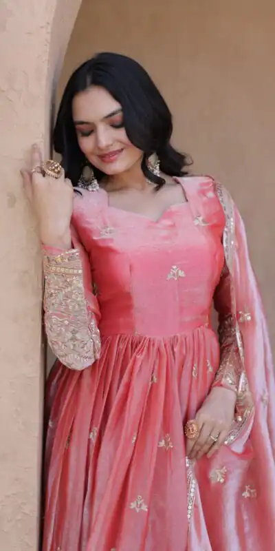 KA 1260 Gajri Color Fendi Silk Gown with Embroidery Work & Zari Work. Now at just ₹2599. Delivery 4-6 Working Days. Shop now. | Gowns, Bollywood Gowns, Creative Gowns, Designer Gowns, Embroidered Gowns, Party Wear Gowns
