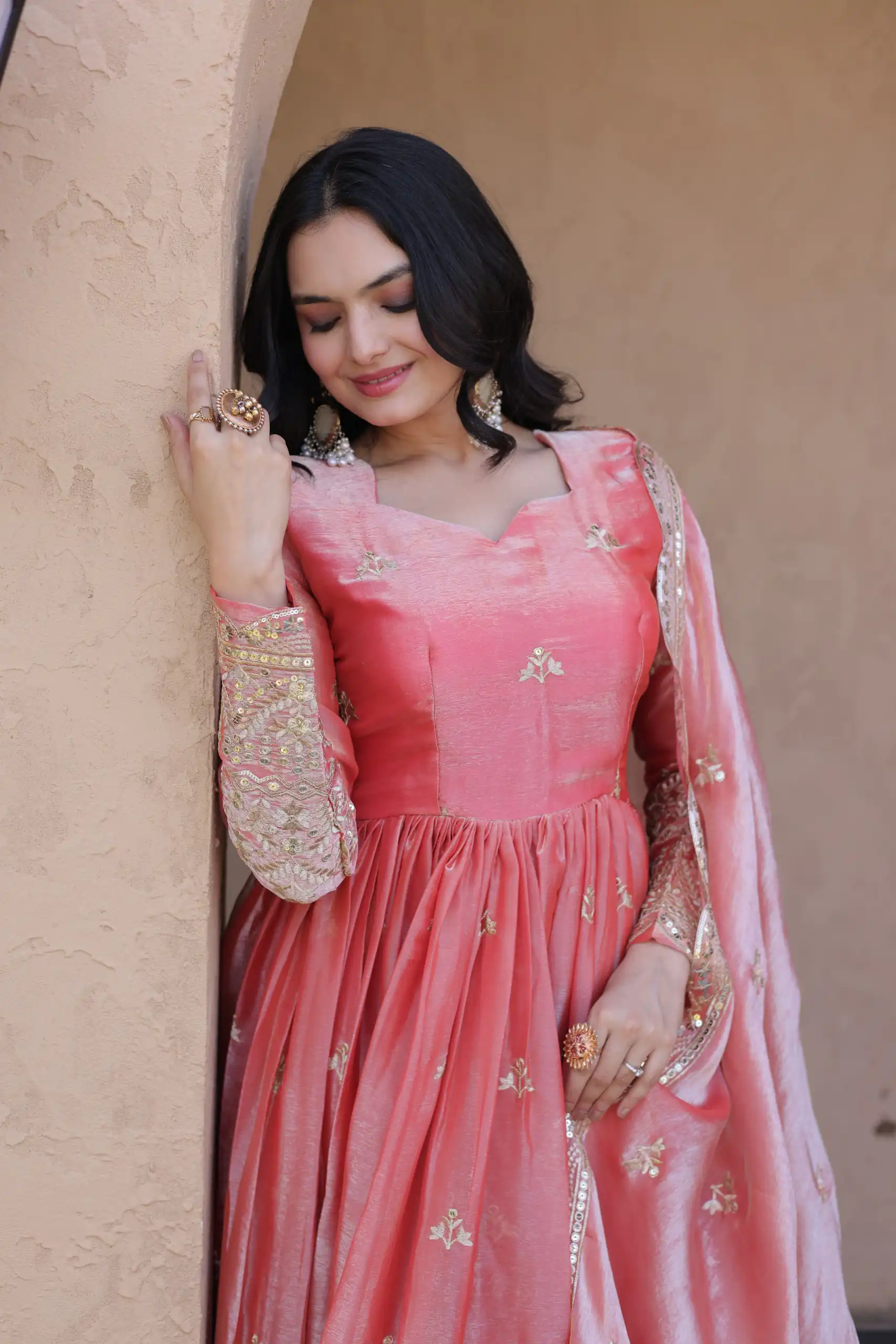 KA 1260 Gajri Color Fendi Silk Gown with Embroidery Work & Zari Work. Now at just ₹2599. Delivery 4-6 Working Days. Shop now. | Gowns, Bollywood Gowns, Creative Gowns, Designer Gowns, Embroidered Gowns, Party Wear Gowns