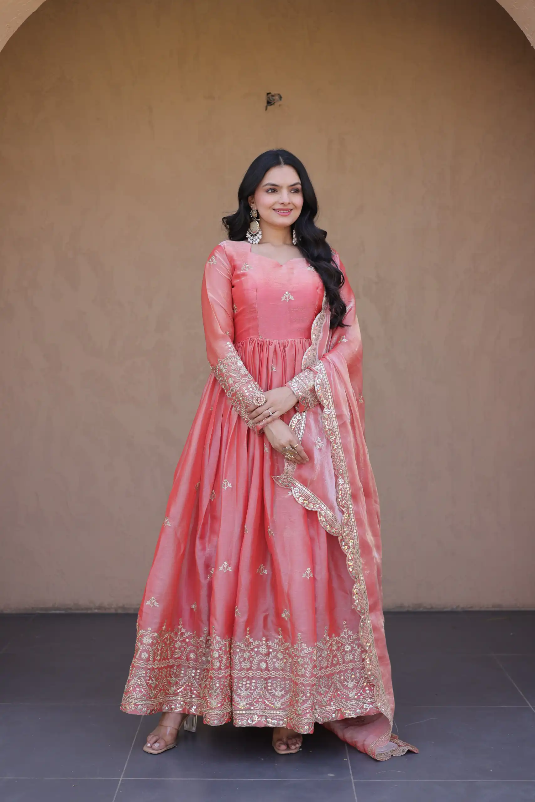 KA 1260 Gajri Color Fendi Silk Gown with Embroidery Work & Zari Work. Now at just ₹2599. Delivery 4-6 Working Days. Shop now. | Gowns, Bollywood Gowns, Creative Gowns, Designer Gowns, Embroidered Gowns, Party Wear Gowns
