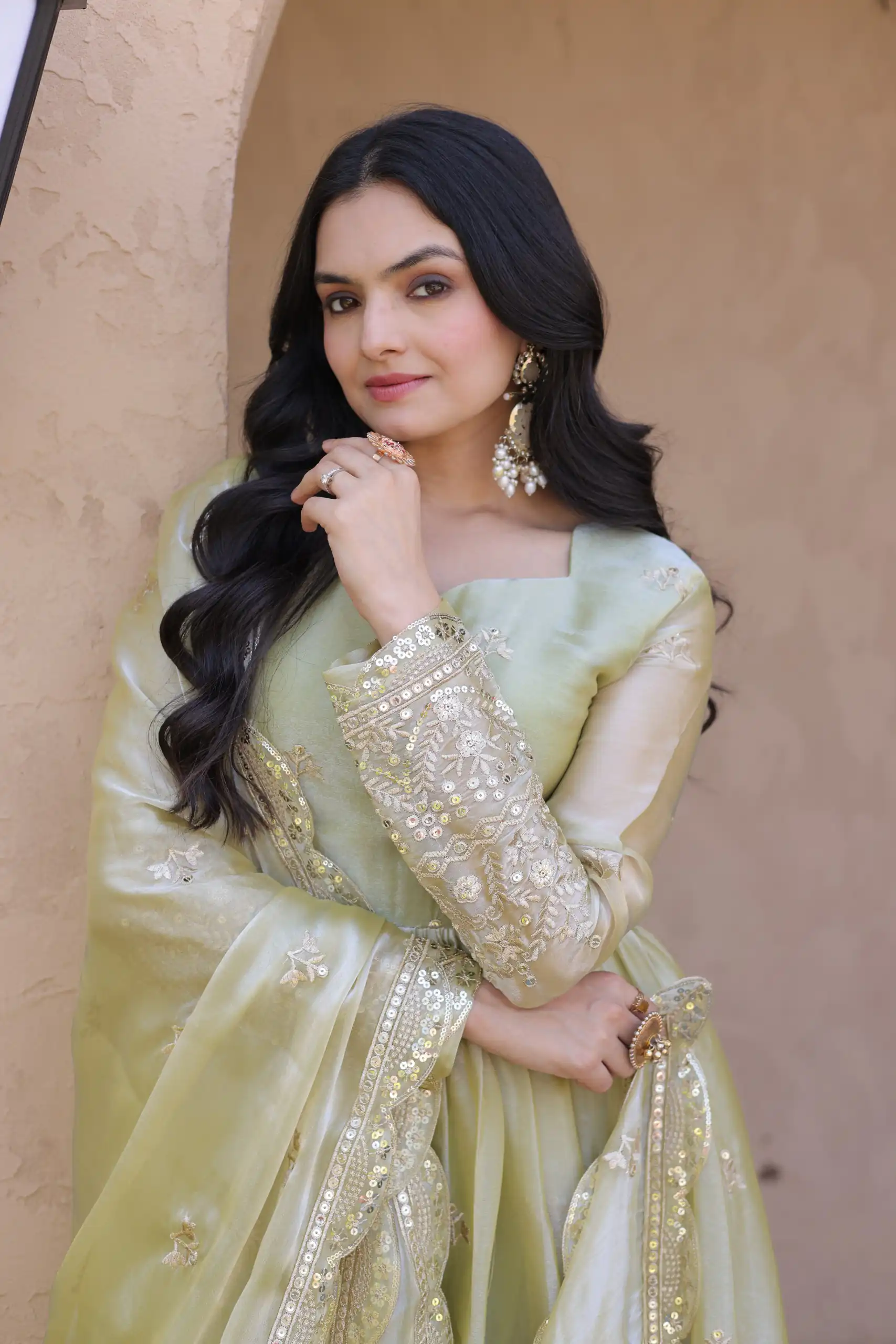 KA 1260 Light Pista Color Fendi Silk Gown with Embroidery Work & Zari Work. Now at just ₹2599. Delivery 4-6 Working Days. Shop now. | Gowns, Bollywood Gowns, Creative Gowns, Designer Gowns, Embroidered Gowns, Party Wear Gowns