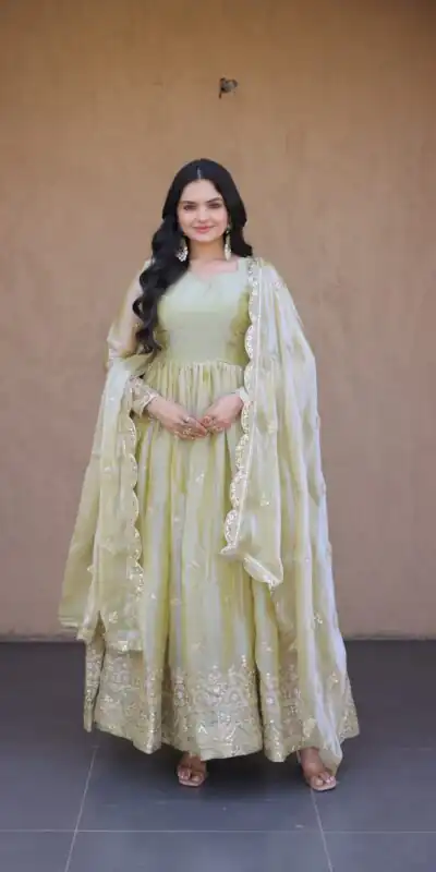 KA 1260 Light Pista Color Fendi Silk Gown with Embroidery Work & Zari Work. Now at just ₹2599. Delivery 4-6 Working Days. Shop now. | Gowns, Bollywood Gowns, Creative Gowns, Designer Gowns, Embroidered Gowns, Party Wear Gowns
