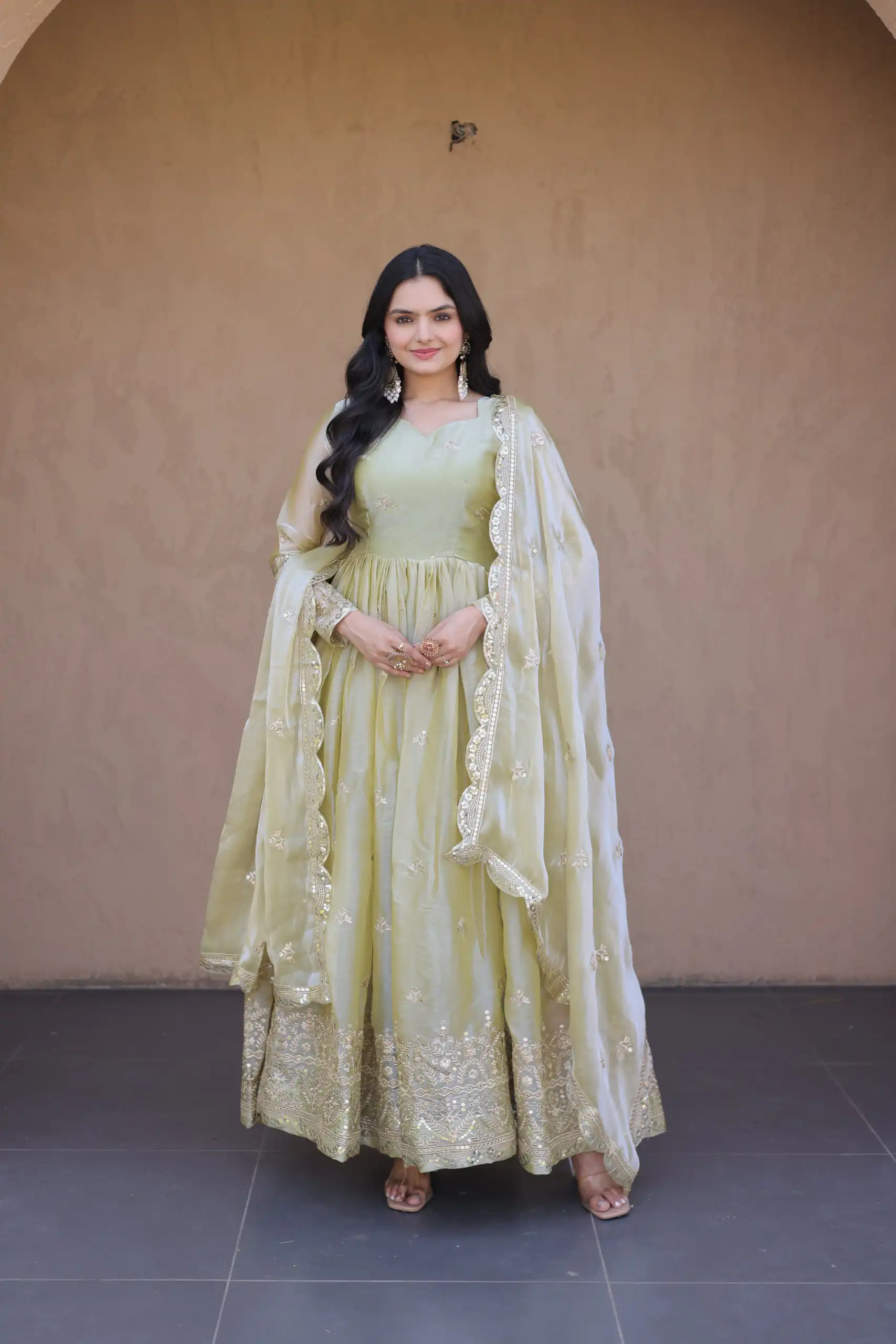 KA 1260 Light Pista Color Fendi Silk Gown with Embroidery Work & Zari Work. Now at just ₹2599. Delivery 4-6 Working Days. Shop now. | Gowns, Bollywood Gowns, Creative Gowns, Designer Gowns, Embroidered Gowns, Party Wear Gowns