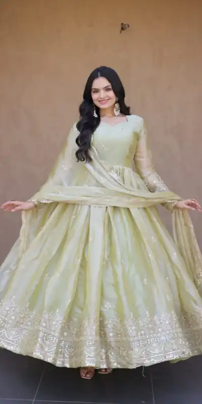 KA 1260 Light Pista Color Fendi Silk Gown with Embroidery Work & Zari Work. Now at just ₹2599. Delivery 4-6 Working Days. Shop now. | Gowns, Bollywood Gowns, Creative Gowns, Designer Gowns, Embroidered Gowns, Party Wear Gowns