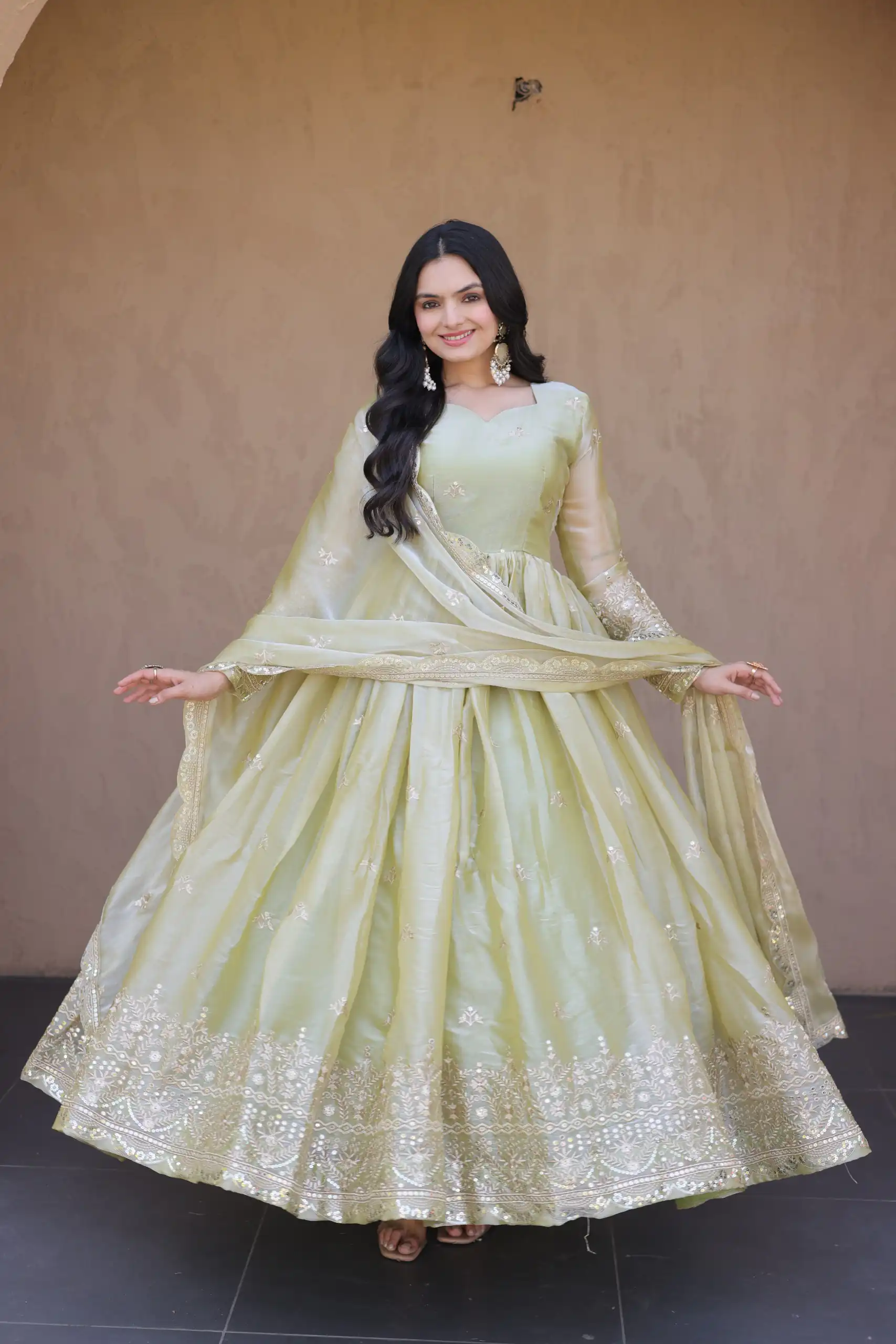 KA 1260 Light Pista Color Fendi Silk Gown with Embroidery Work & Zari Work. Now at just ₹2599. Delivery 4-6 Working Days. Shop now. | Gowns, Bollywood Gowns, Creative Gowns, Designer Gowns, Embroidered Gowns, Party Wear Gowns